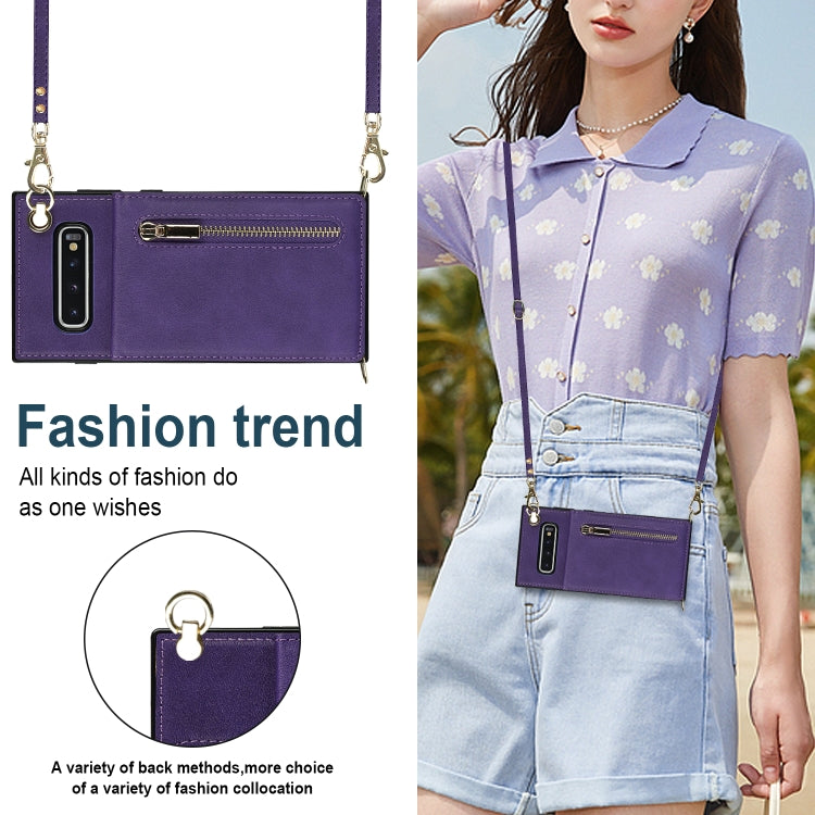 For Samsung Galaxy S10 Plus Cross-body Zipper Square TPU+PU Back Cover Case with Holder & Card Slots & Wallet & Strap