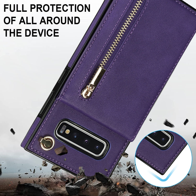 For Samsung Galaxy S10 Plus Cross-body Zipper Square TPU+PU Back Cover Case with Holder & Card Slots & Wallet & Strap