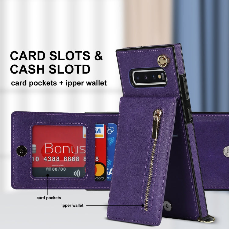 For Samsung Galaxy S10 Plus Cross-body Zipper Square TPU+PU Back Cover Case with Holder & Card Slots & Wallet & Strap