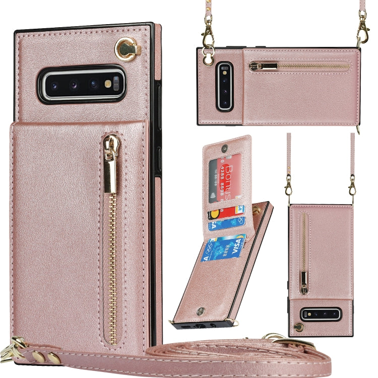For Samsung Galaxy S10 Plus Cross-body Zipper Square TPU+PU Back Cover Case with Holder & Card Slots & Wallet & Strap
