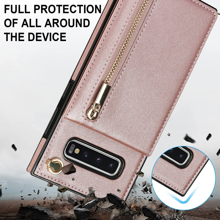 For Samsung Galaxy S10 Plus Cross-body Zipper Square TPU+PU Back Cover Case with Holder & Card Slots & Wallet & Strap