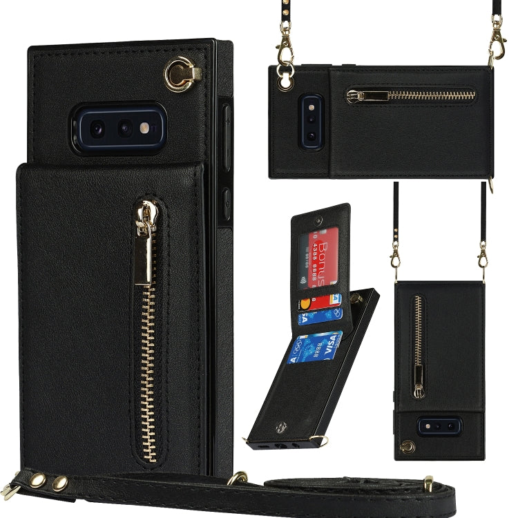 For Samsung Galaxy S10e Cross-body Zipper Square TPU+PU Back Cover Case with Holder & Card Slots & Wallet & Strap