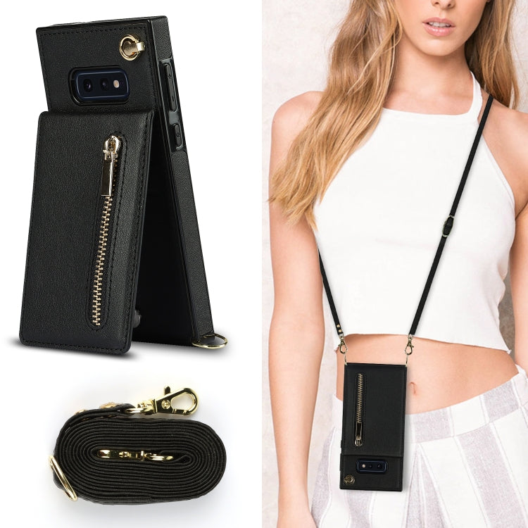 For Samsung Galaxy S10e Cross-body Zipper Square TPU+PU Back Cover Case with Holder & Card Slots & Wallet & Strap