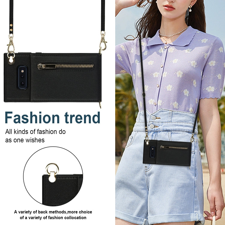 For Samsung Galaxy S10e Cross-body Zipper Square TPU+PU Back Cover Case with Holder & Card Slots & Wallet & Strap