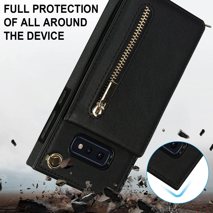 For Samsung Galaxy S10e Cross-body Zipper Square TPU+PU Back Cover Case with Holder & Card Slots & Wallet & Strap