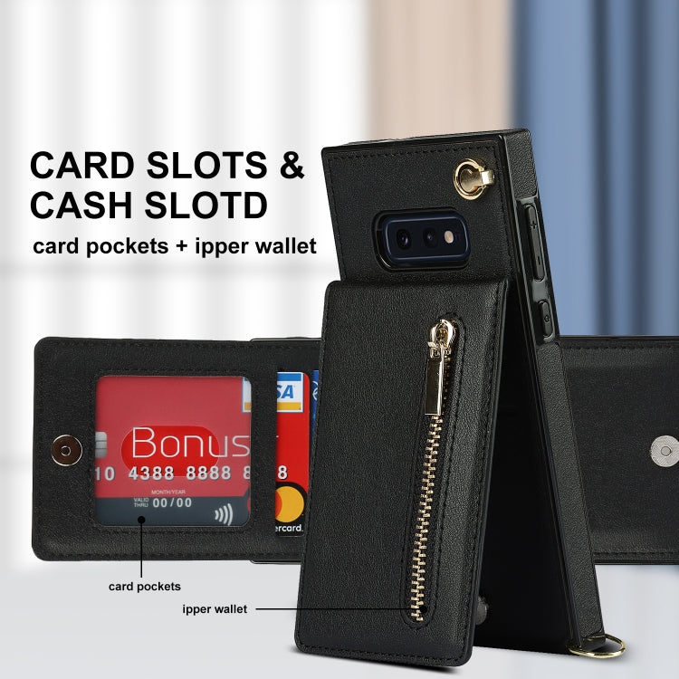 For Samsung Galaxy S10e Cross-body Zipper Square TPU+PU Back Cover Case with Holder & Card Slots & Wallet & Strap