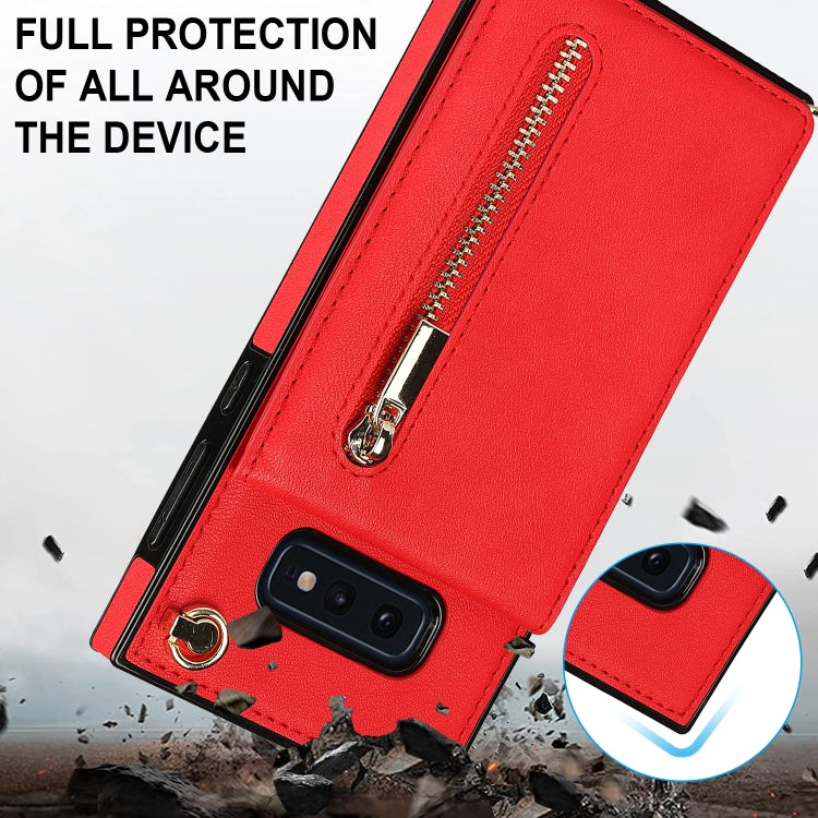 For Samsung Galaxy S10e Cross-body Zipper Square TPU+PU Back Cover Case with Holder & Card Slots & Wallet & Strap