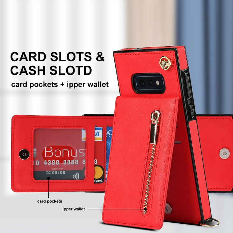 For Samsung Galaxy S10e Cross-body Zipper Square TPU+PU Back Cover Case with Holder & Card Slots & Wallet & Strap
