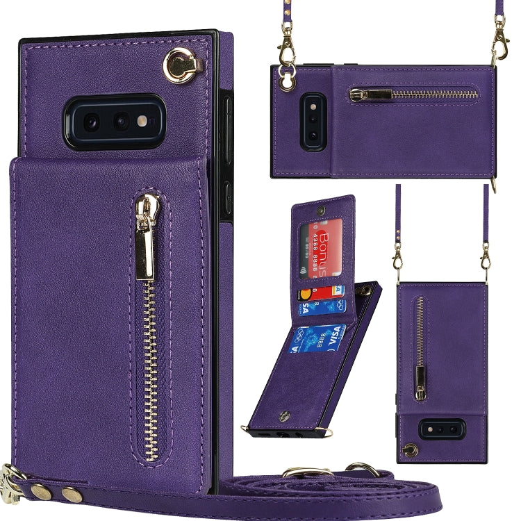 For Samsung Galaxy S10e Cross-body Zipper Square TPU+PU Back Cover Case with Holder & Card Slots & Wallet & Strap