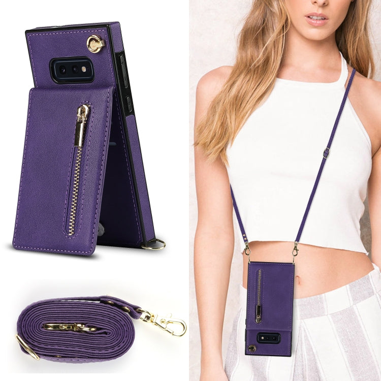 For Samsung Galaxy S10e Cross-body Zipper Square TPU+PU Back Cover Case with Holder & Card Slots & Wallet & Strap