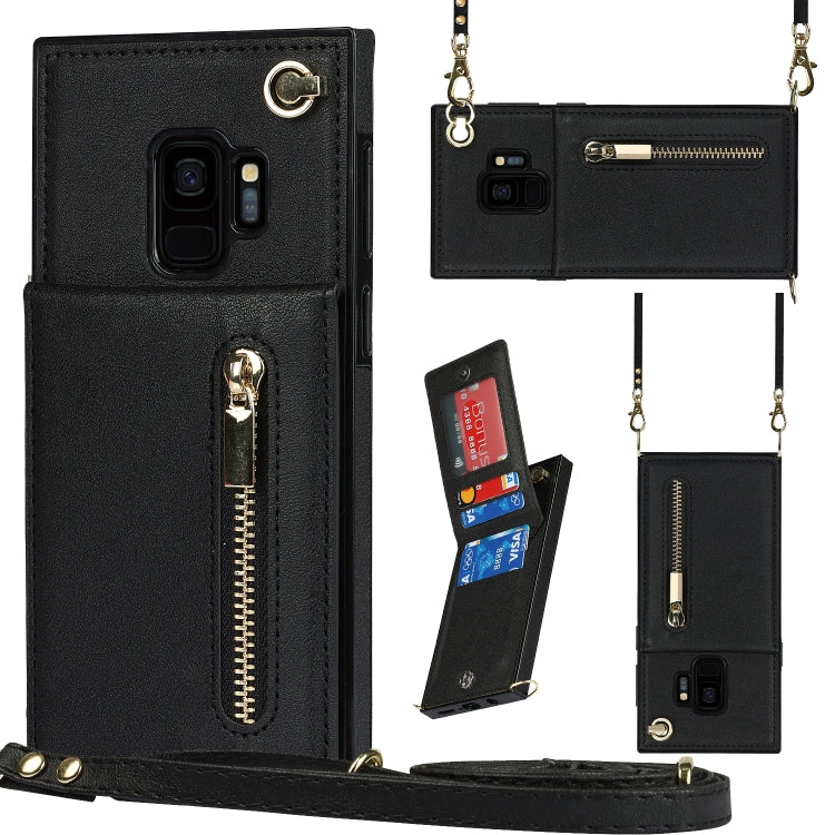 For Samsung Galaxy S9 Cross-body Zipper Square TPU+PU Back Cover Case with Holder & Card Slots & Wallet & Strap