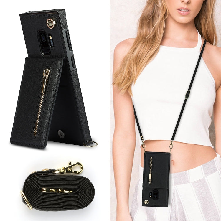 For Samsung Galaxy S9 Cross-body Zipper Square TPU+PU Back Cover Case with Holder & Card Slots & Wallet & Strap