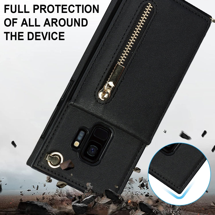 For Samsung Galaxy S9 Cross-body Zipper Square TPU+PU Back Cover Case with Holder & Card Slots & Wallet & Strap