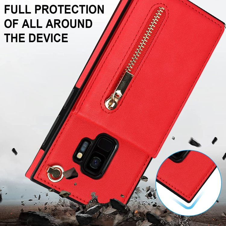 For Samsung Galaxy S9 Cross-body Zipper Square TPU+PU Back Cover Case with Holder & Card Slots & Wallet & Strap