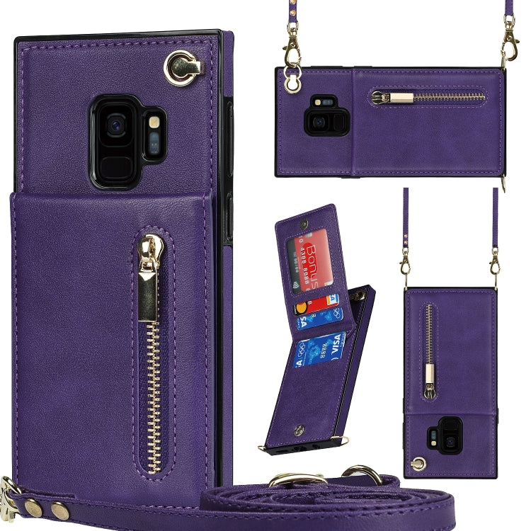 For Samsung Galaxy S9 Cross-body Zipper Square TPU+PU Back Cover Case with Holder & Card Slots & Wallet & Strap