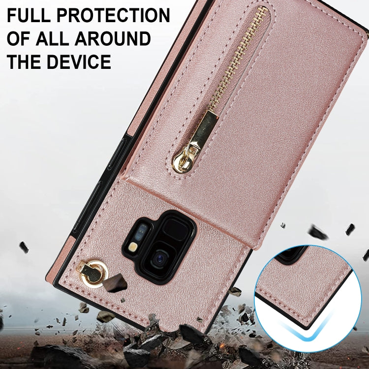 For Samsung Galaxy S9 Cross-body Zipper Square TPU+PU Back Cover Case with Holder & Card Slots & Wallet & Strap