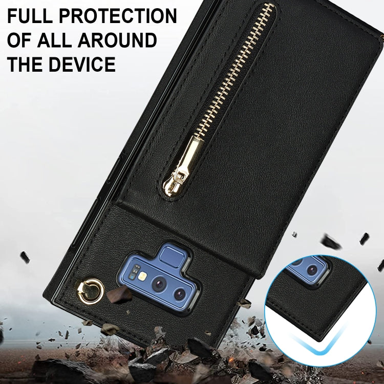 For Samsung Galaxy Note9 Cross-body Zipper Square TPU+PU Back Cover Case with Holder & Card Slots & Wallet & Strap