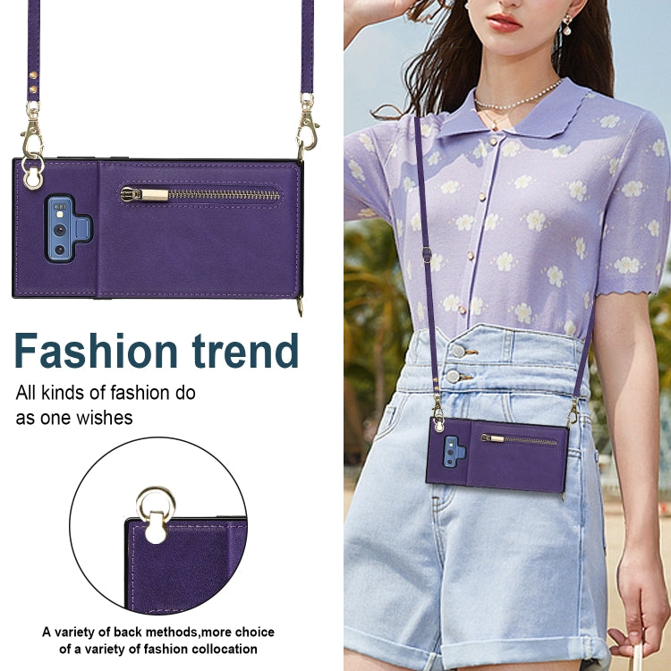 For Samsung Galaxy Note9 Cross-body Zipper Square TPU+PU Back Cover Case with Holder & Card Slots & Wallet & Strap