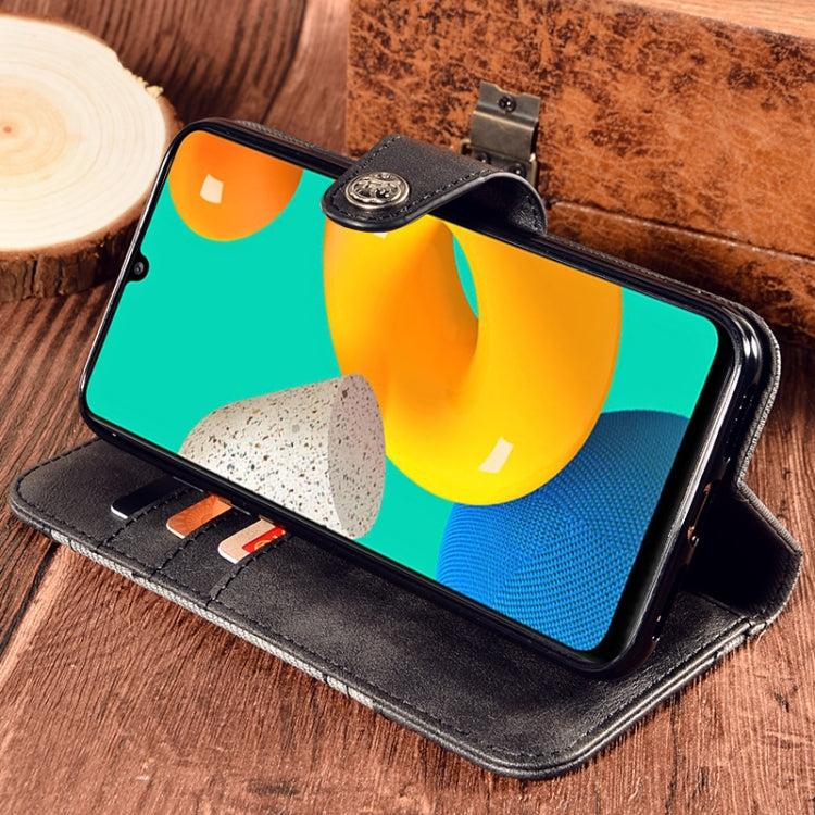 For Samsung Galaxy M32 Contrast Color Splicing Retro Texture Horizontal Flip PU Leather Case with Card Slots & Holder & Wallet