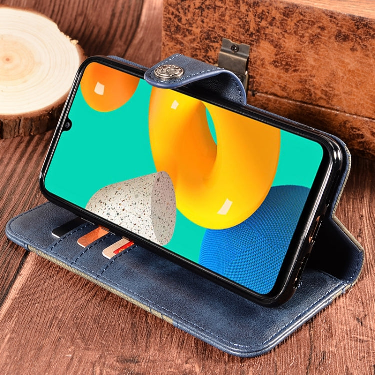 For Samsung Galaxy M32 Contrast Color Splicing Retro Texture Horizontal Flip PU Leather Case with Card Slots & Holder & Wallet