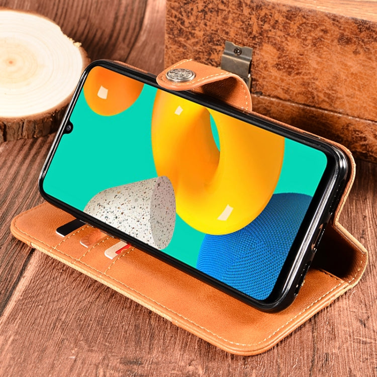 For Samsung Galaxy M32 Contrast Color Splicing Retro Texture Horizontal Flip PU Leather Case with Card Slots & Holder & Wallet