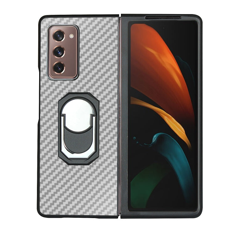 For Samsung Galaxy Z Fold2 5G Carbon Fiber Texture Protective Case with Ring Holder