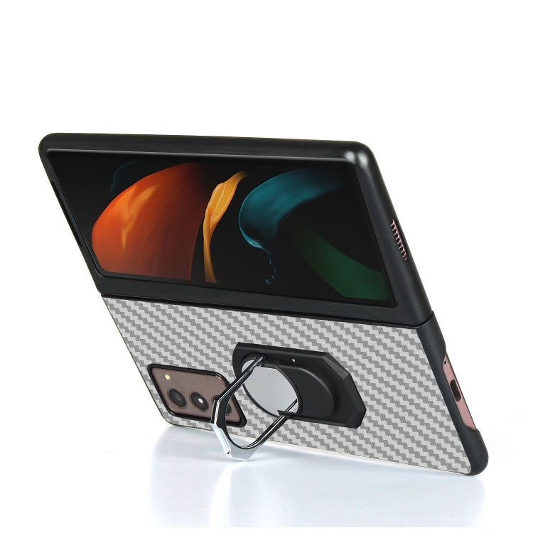 For Samsung Galaxy Z Fold2 5G Carbon Fiber Texture Protective Case with Ring Holder