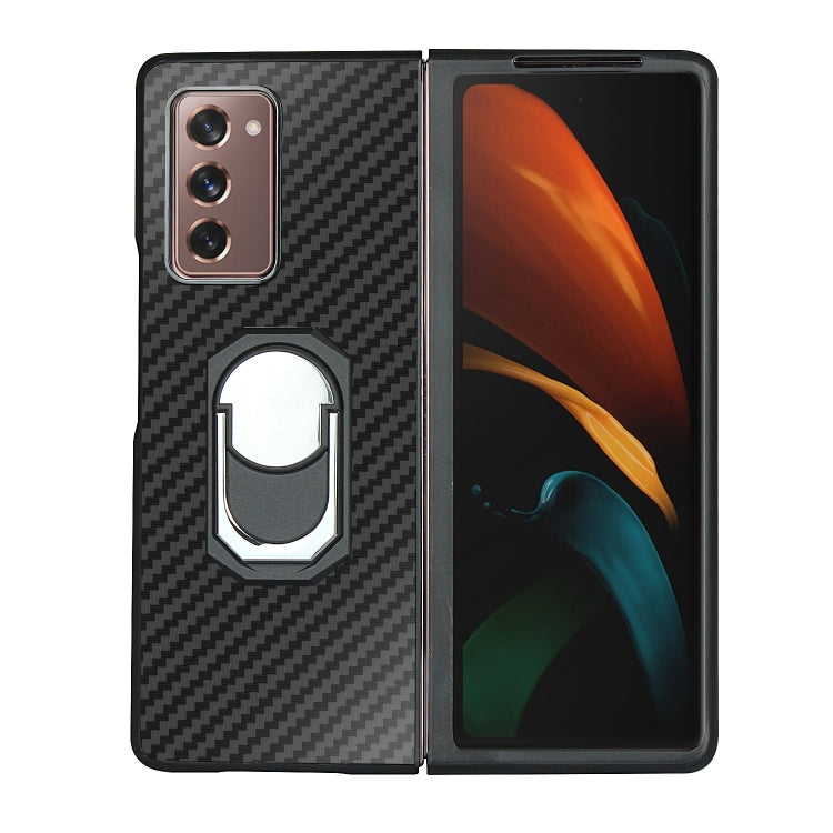 For Samsung Galaxy Z Fold2 5G Carbon Fiber Texture Protective Case with Ring Holder