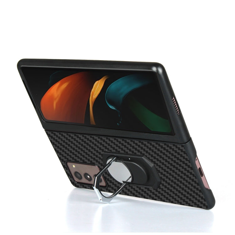 For Samsung Galaxy Z Fold2 5G Carbon Fiber Texture Protective Case with Ring Holder