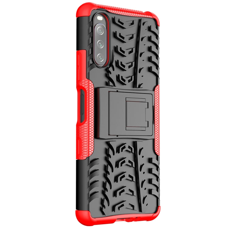 For Sony Xperia 10 III Tire Texture Shockproof TPU+PC Protective Case with Holder