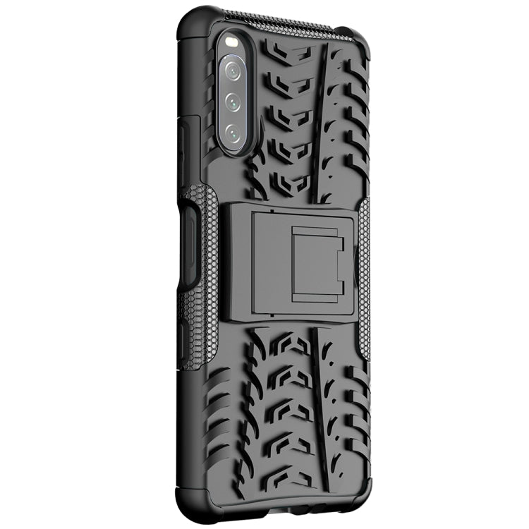 For Sony Xperia 10 III Tire Texture Shockproof TPU+PC Protective Case with Holder