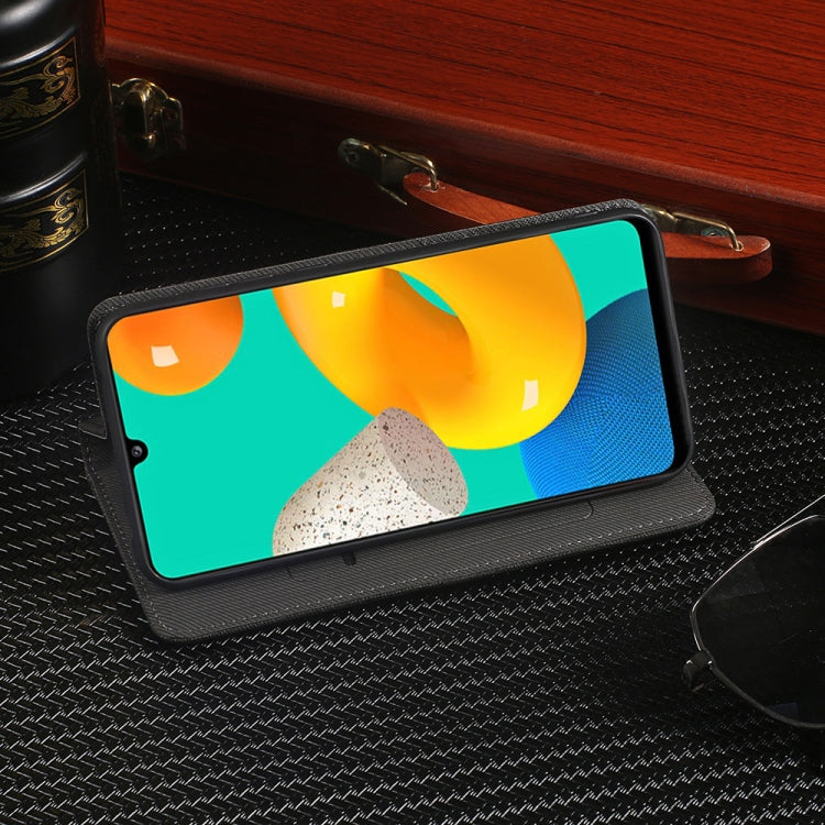 For Samsung Galaxy M32 Cloth Texture Retro Horizontal Flip PU Leather Shockproof Case with Holder & Card Slot