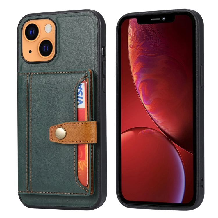 For iPhone 13 Calfskin Color Matching Shockproof TPU + PU Case with Holder & Card Slot