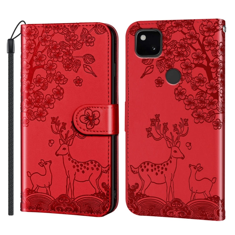 For Google Pixel 4a Sika Deer Embossing Pattern Horizontal Flip PU Leather Case with Holder & Card Slot & Wallet & Photo Frame