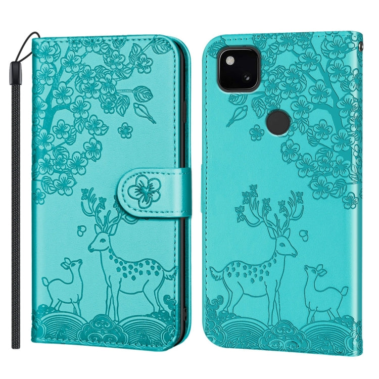 For Google Pixel 4a Sika Deer Embossing Pattern Horizontal Flip PU Leather Case with Holder & Card Slot & Wallet & Photo Frame