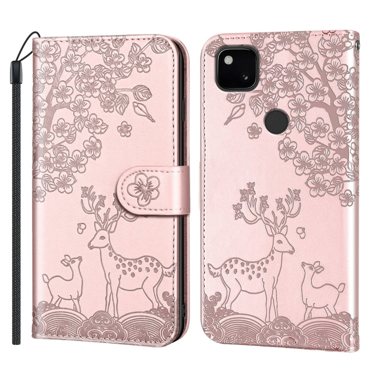 For Google Pixel 4a Sika Deer Embossing Pattern Horizontal Flip PU Leather Case with Holder & Card Slot & Wallet & Photo Frame