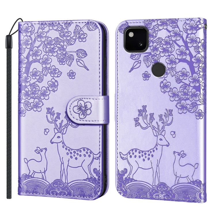 For Google Pixel 4a Sika Deer Embossing Pattern Horizontal Flip PU Leather Case with Holder & Card Slot & Wallet & Photo Frame