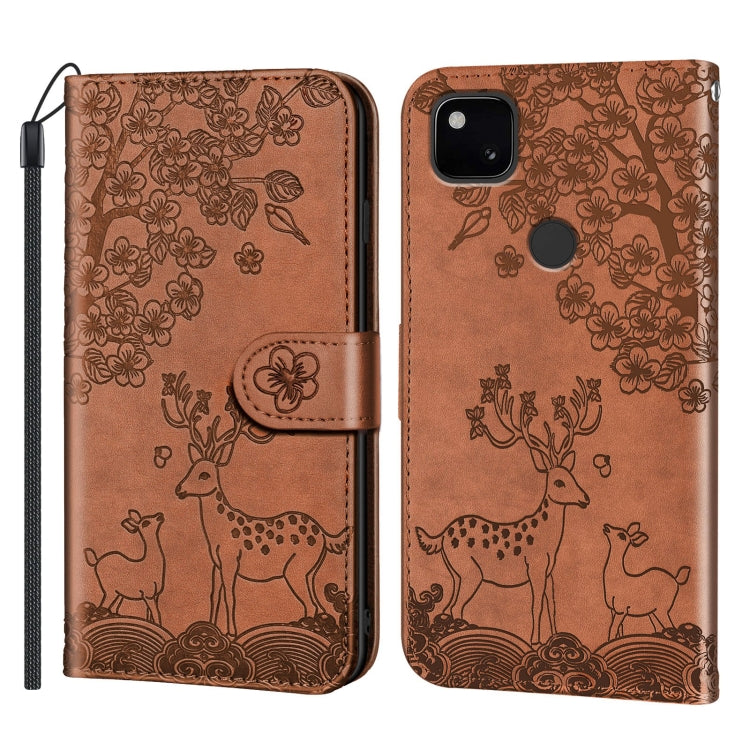 For Google Pixel 4a Sika Deer Embossing Pattern Horizontal Flip PU Leather Case with Holder & Card Slot & Wallet & Photo Frame