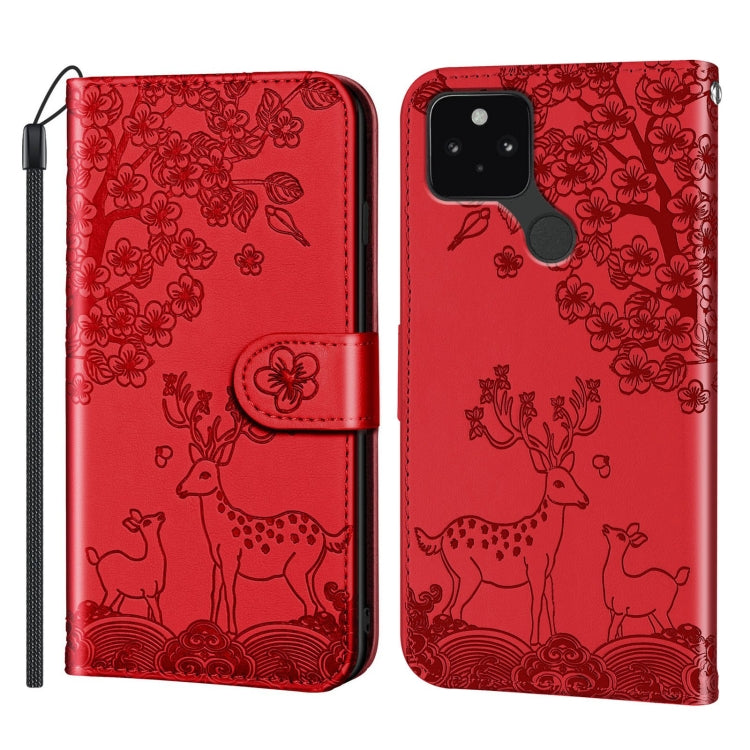 For Google Pixel 5 Sika Deer Embossing Pattern Horizontal Flip PU Leather Case with Holder & Card Slot & Wallet & Photo Frame