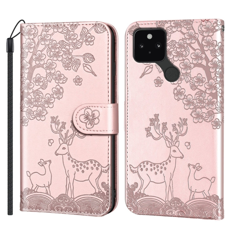 For Google Pixel 5 Sika Deer Embossing Pattern Horizontal Flip PU Leather Case with Holder & Card Slot & Wallet & Photo Frame