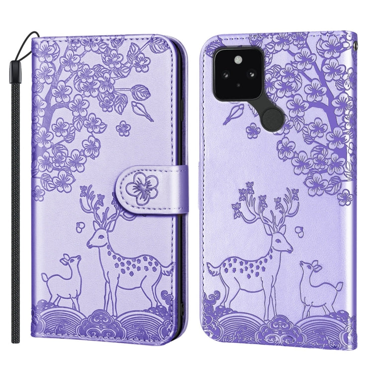 For Google Pixel 5 Sika Deer Embossing Pattern Horizontal Flip PU Leather Case with Holder & Card Slot & Wallet & Photo Frame