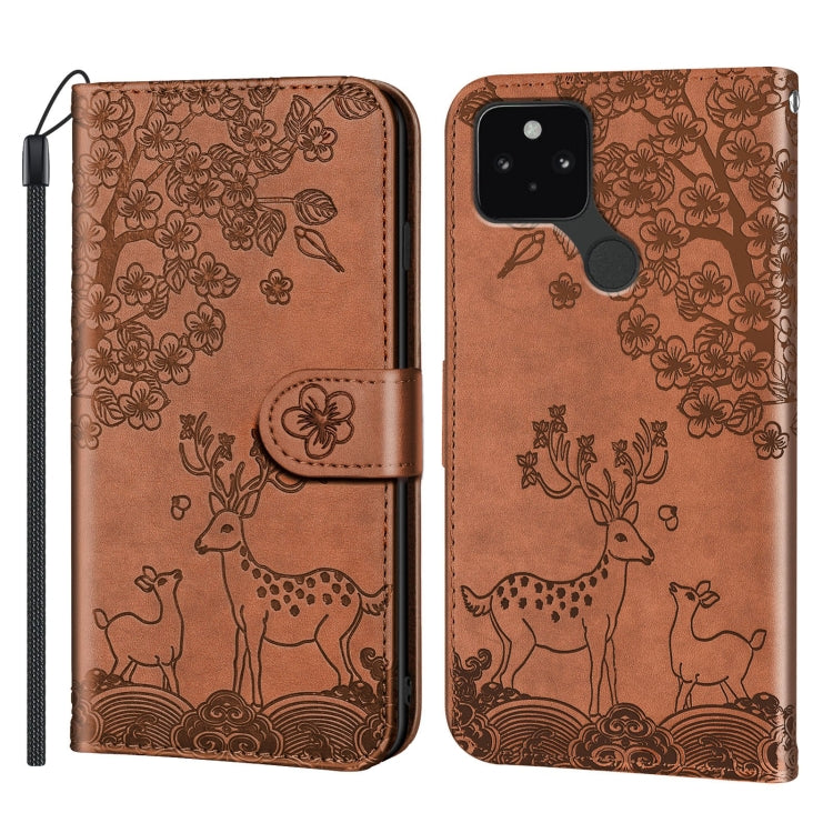 For Google Pixel 5 Sika Deer Embossing Pattern Horizontal Flip PU Leather Case with Holder & Card Slot & Wallet & Photo Frame
