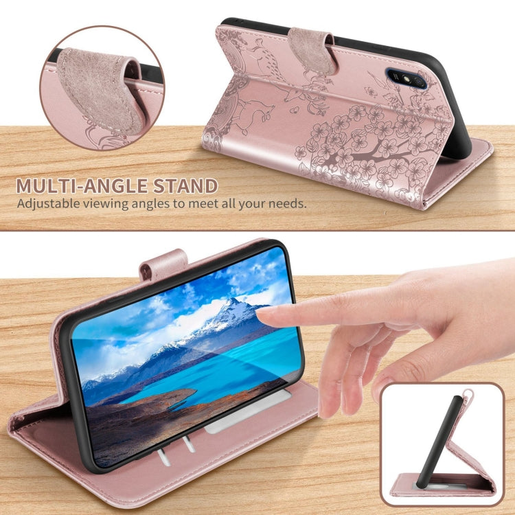 For Xiaomi Redmi 9A Sika Deer Embossing Pattern Horizontal Flip PU Leather Case with Holder & Card Slot & Wallet & Photo Frame