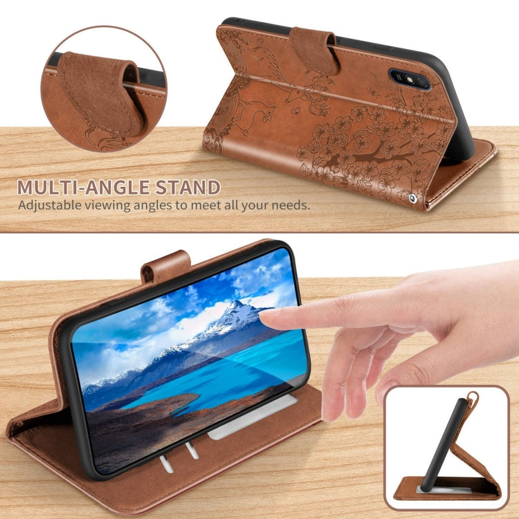 For Xiaomi Redmi 9A Sika Deer Embossing Pattern Horizontal Flip PU Leather Case with Holder & Card Slot & Wallet & Photo Frame