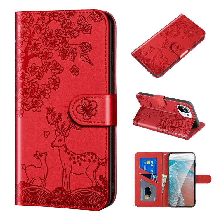 For Xiaomi Mi 11 Lite Sika Deer Embossing Pattern Horizontal Flip PU Leather Case with Holder & Card Slot & Wallet & Photo Frame