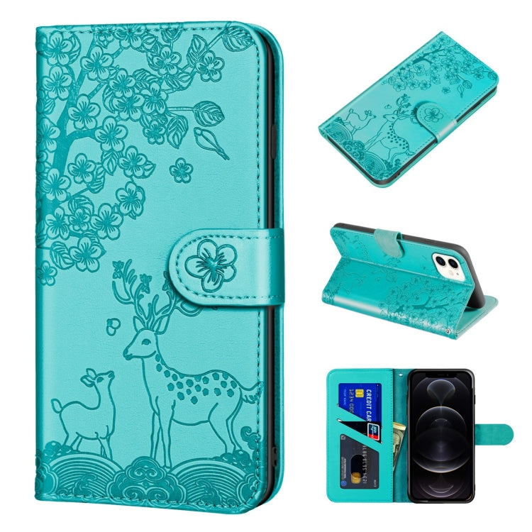For iPhone 12 / 12 Pro Sika Deer Embossing Pattern Horizontal Flip PU Leather Case with Holder & Card Slot & Wallet & Photo Frame