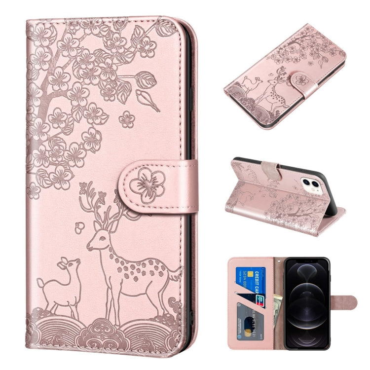 For iPhone 12 / 12 Pro Sika Deer Embossing Pattern Horizontal Flip PU Leather Case with Holder & Card Slot & Wallet & Photo Frame