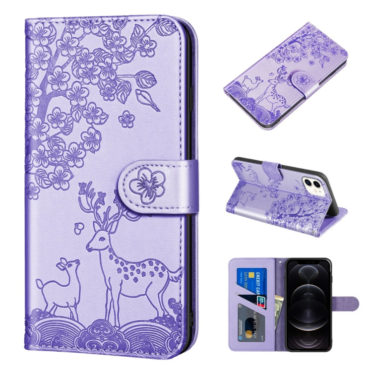 For iPhone 12 / 12 Pro Sika Deer Embossing Pattern Horizontal Flip PU Leather Case with Holder & Card Slot & Wallet & Photo Frame