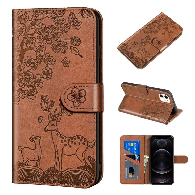 For iPhone 12 / 12 Pro Sika Deer Embossing Pattern Horizontal Flip PU Leather Case with Holder & Card Slot & Wallet & Photo Frame