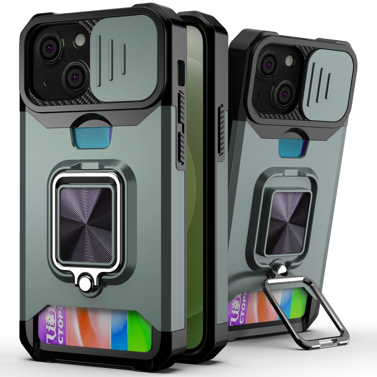 For iPhone 13 Sliding Camshield Card Slot Ring Kickstand Phone Case
